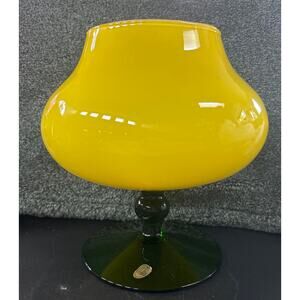 Mid Century Yellow Empoli Glows Orange Cased Glass With Green Pedestal